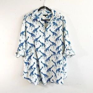 For Cynthia Tunic Top Shirt Blue Giraffe Linen Blend Women’s Sz Medium
